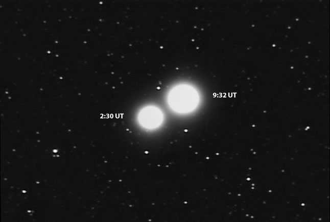 G. W. Kronk image of 17P, exposed on 2007 October 25 and showing the comet's position change and increase in size in a seven hour period